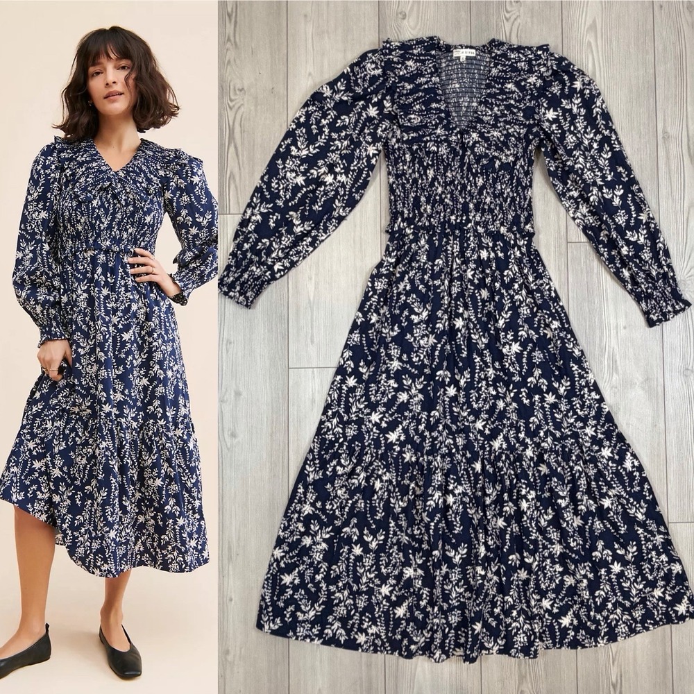 Anthropologie Moon River Ruffle Shirred Midi Dress Medium Blue‎ White Floral